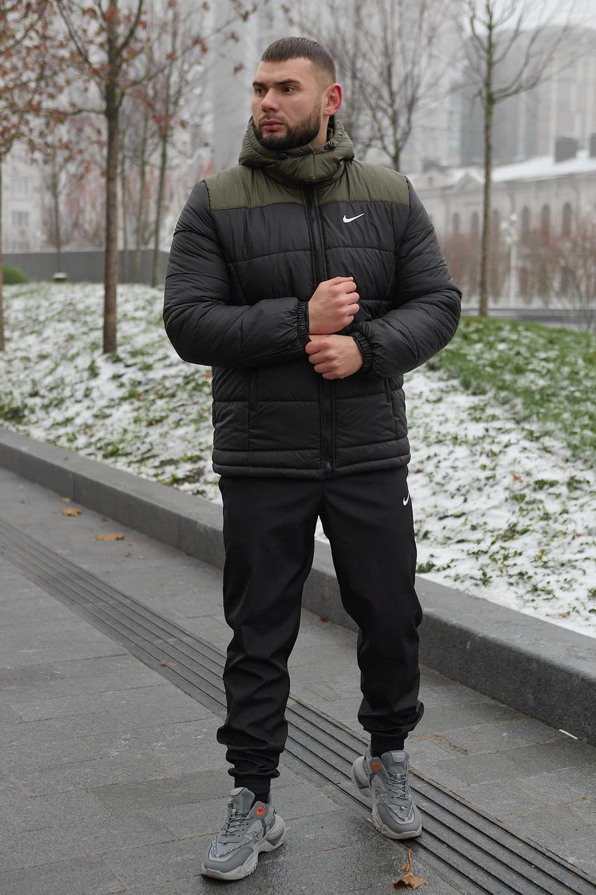 Утеплена чорна хакі чоловіча куртка Nike на зиму, якісний чоловічий хакі чорний пуховик Найк