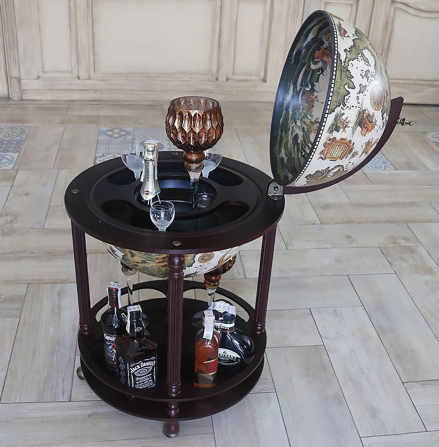 Підлоговий глобус-бар двоярусний на коліщатках "Карта світу" дерев'яний зі сферою Ø 420 мм, фото 1