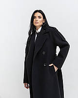 Пальто женское демисезонное, двубортное, шерстяное, элегантное, весеннее, осеннее деловое, Черный, 52