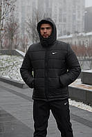 Стильный мужской черный пуховик Nike, трендовая теплая черная мужская куртка Найк на зиму L