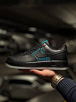 Мужские кроссовки Nike Air Force Low GS Space Jam кожаные черные с голубым Найк Аир Форс весенние осенние