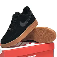 Мужские зимние кроссовки Nike Air Force 1 Low, натуральная замша, (с мехом), черный, Китай