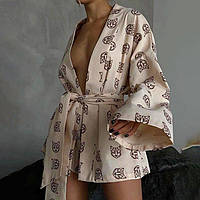 Изысканный домашний комплект шорты + халат ,женская стильная пижама двойка уютный костюм для дома Бежевый
