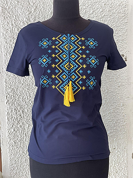Футболка жіноча "Орнамент" Стретч-кулір Темно-синій (вишивка - Жовтий)