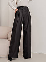 Черные кожаные брюки палаццо с защипами, размер S