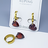 Сережки "Серце" з червоним каменем, медсплав Xuping, stainless steel 12К