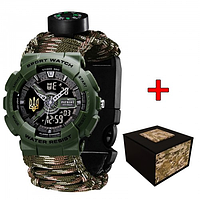 Годинник наручний Patriot 005 Тризуб золото Army Green Паракордовий ремінець Camo Green + Коробка.