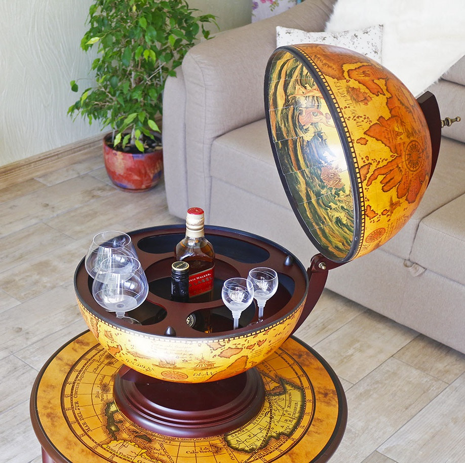 Декоративний настільний глобус-бар дерев'яний "Стародавня карта" діаметр сфери 420 мм, фото 1