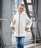 Демісезонна куртка на дівчинку подовжена стьобана курточка молочна 140-164р