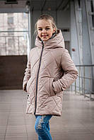Демисезонная куртка на девочку подростковая удлиненная стеганая курточка бежевая 140-164р