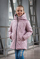 Демисезонная куртка на девочку подростковая удлиненная стеганая курточка пудровая 140-164р