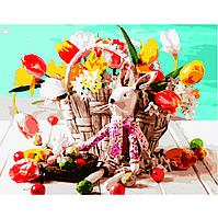 Картина по номерам на хлопчатобумажном холсте 40х50 см «Игрушка зайченка возле корзины цветов» Украина