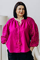 Стильна жіноча полотняна блуза з гаптованою вишивкою марсалового кольору №0324