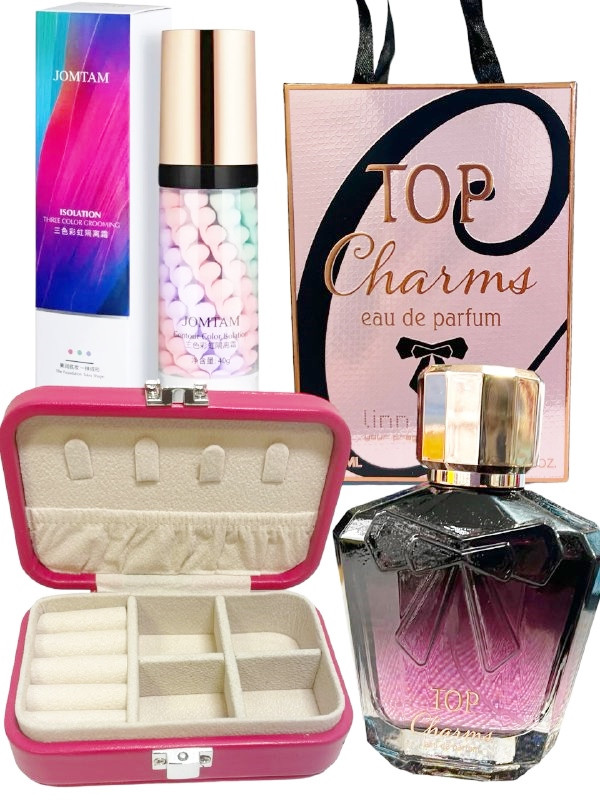 Подарунок жінці/дівчині: парфум TOP Charms Link Young 100ml, 3-х кол. база під макіяж, скринька для прикрас