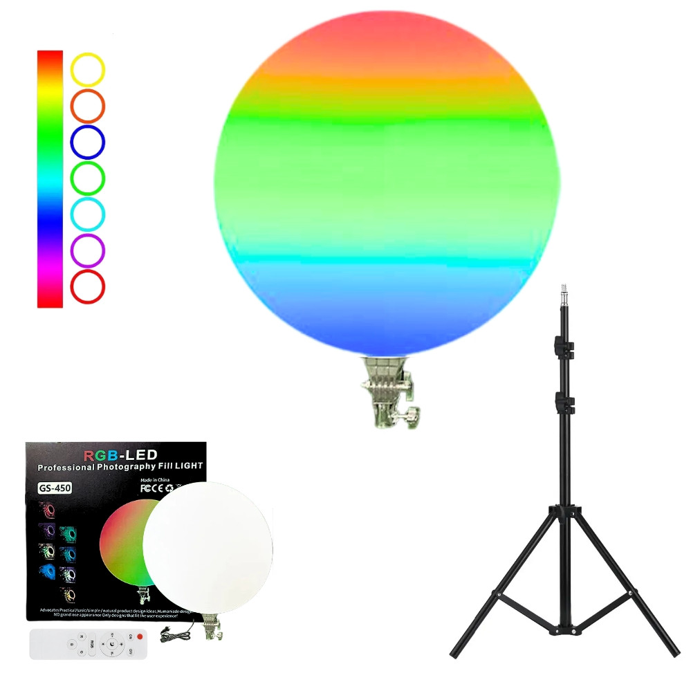 Кругла світлодіодна лампа 45см RGB-LED Fill Light GS-450 кольорова з пультом та штативом 2м для фото та відео, фото 1