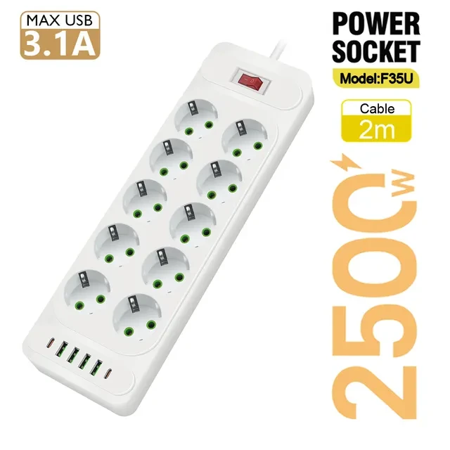 Мережевий фільтр живлення MEILEPAI F35U на 10 розеток + 4 USB + 2 Type-С Port 2 m, мережевий подовжувач розеток, білий
