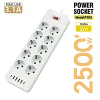 Мережевий фільтр живлення MEILEPAI F35U на 10 розеток + 4 USB + 2 Type-С Port 2 m, мережевий подовжувач розеток, білий