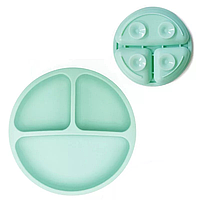 Круглая детская тарелка силиконовая секционная на присоске для детей Зелена