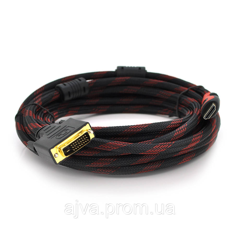 Кабель HDMI (папа)-DVI (папа) 5,0м, 2 феррита, оплетка, круглый Black ...
