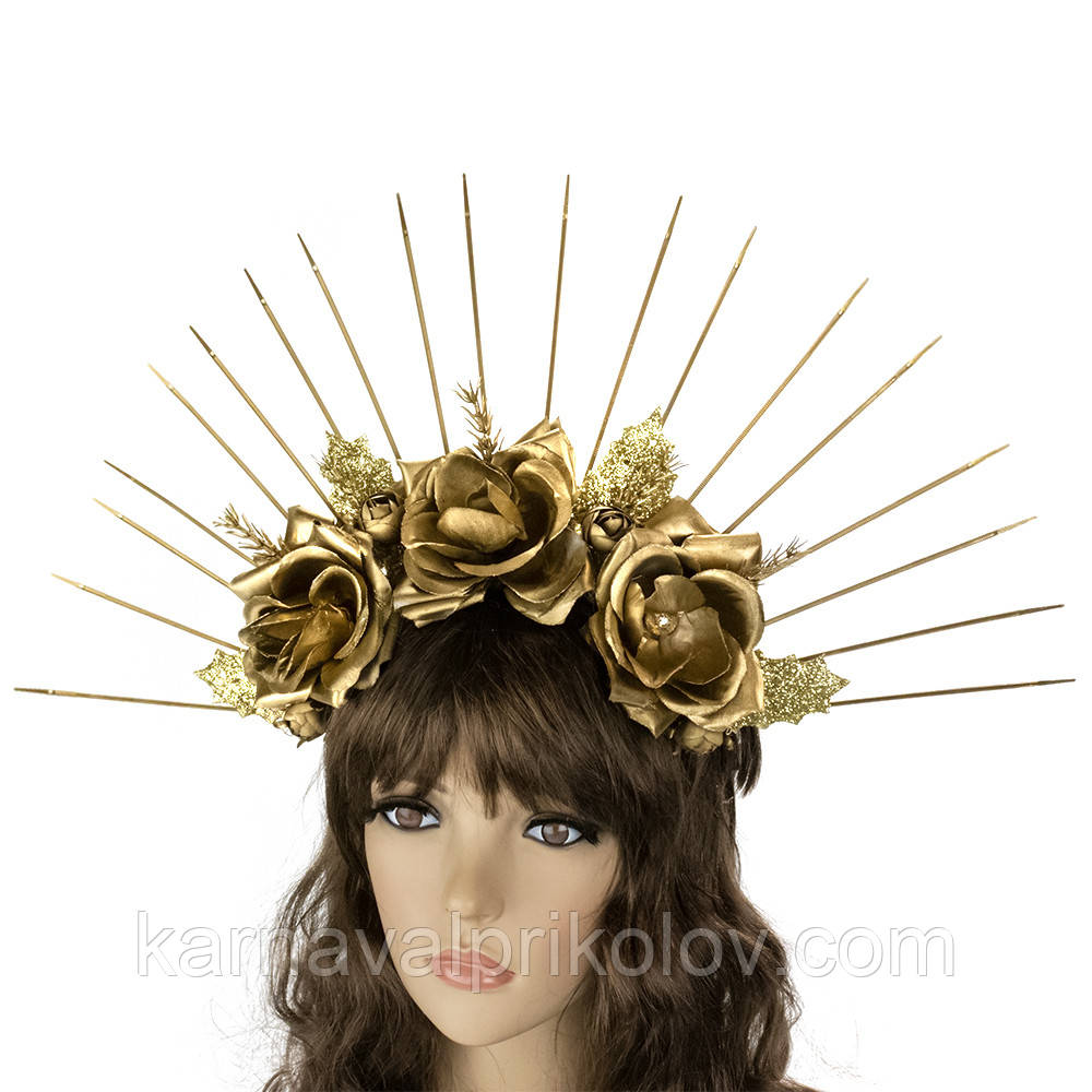 Український віночок корона з променями 52501 з трояндами (золотий)
