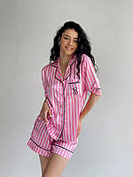 Пижама victoria's secret розовая в полоску с шортами, Женские шелковые пижамы виктории сикрет розовые F