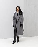 Пальто женское демисезонное, двубортное, шерстяное, элегантное, весеннее, осеннее деловое, Серый, 42