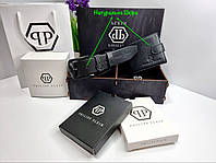 Подарочный набор Philipp Plein Кожаный ремень кошелек Филипп Плейн Оригинальный набор для мужчины Черный
