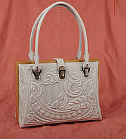 Вечерняя женская кожаная сумка ручной работы "Цвет каллы", комбинация кожи и дерева, белая сумка саквояж
