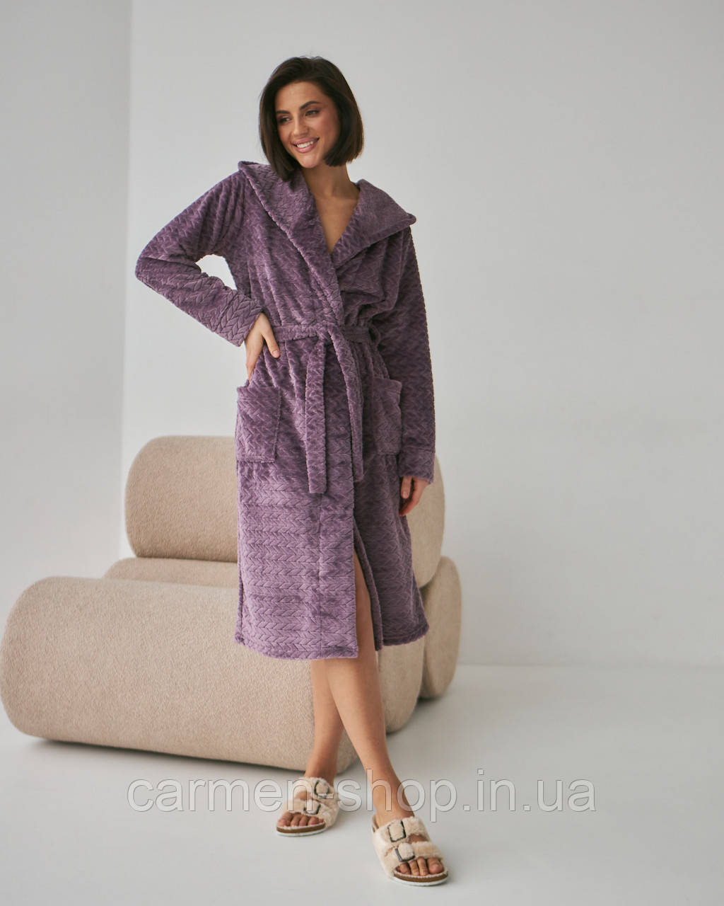Халат жіночий довгий із плюшу 0227/1 Barwa Garments ТЕМНО-ФІОЛТИВИЙ колір