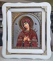 Ікона Божа Матір Семистрільна в білому дерев'яному фігурному кіоті під склом, розмір кіота 24*21,лік 15*18