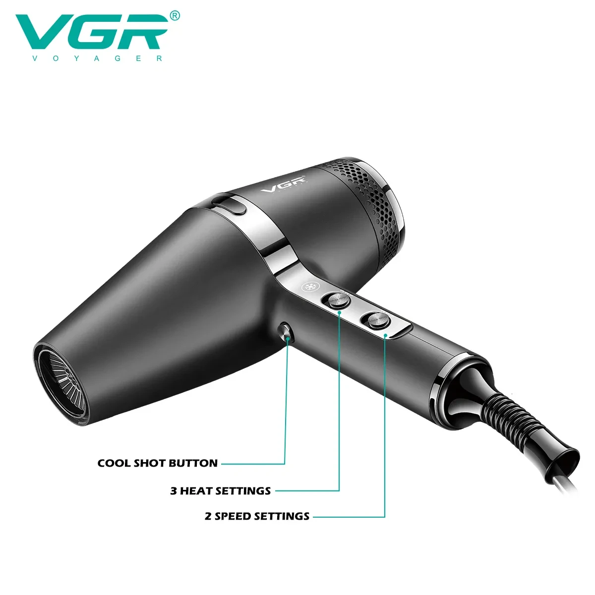 Фен для волос профессиональный с концентратором 2000 Вт ионизация и 2 режима работы VGR V-451 - фото 2 - id-p2101858620