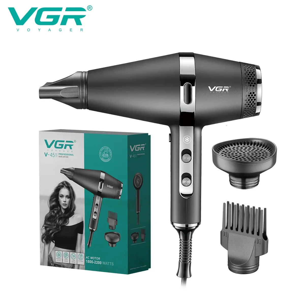 Фен для волос профессиональный с концентратором 2000 Вт ионизация и 2 режима работы VGR V-451 - фото 3 - id-p2101858620