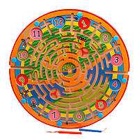 Игрушка-лабиринт "Часы" на деревянной доске с магнитными шариками и магнитными палочками, 40х40х2,0cm p