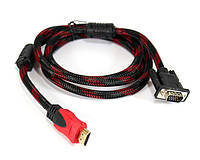 Кабель HDMI (папа)-VGA (папа) 1,5м, 2 феррита, оплетка, круглый Black/RED, Пакет (работает только с