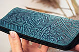 Жіночий гаманець з натуральної шкіри в бірюзовому кольорі з тисненням "Карпати" Жіночі портмоне, фото 4