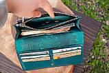 Темно-бірюзовий гаманець жіночий довгий шкіряний з орнаментом тисненням Тризуб Герб України Калина, фото 6
