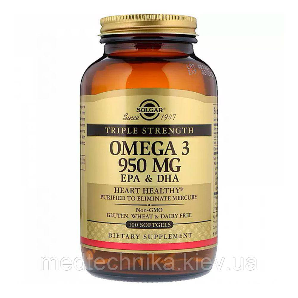 Омега-3 Потрійна сила, 950 мг, 100 капсул, Solgar, фото 1
