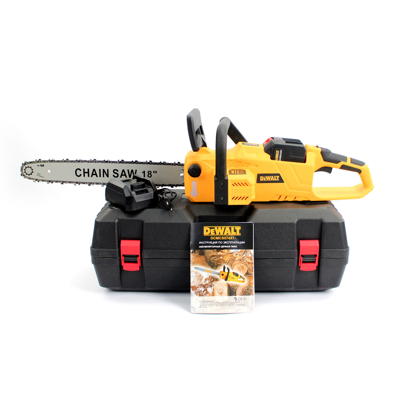 Акумуляторна пила DeWALT DCMCS574X1 (48V, 12AH, шина 45 см) з безключовою натяжкою ланцюга та ручним гальмом
