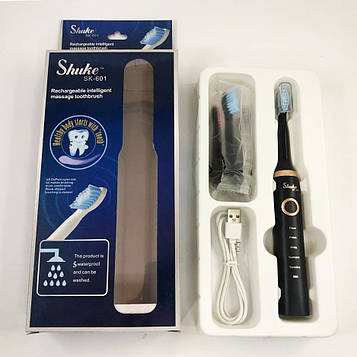 Електрична щітка Shuke SK-601 акумуляторна. Ультразвукова щітка для зубів + 3 насадки. Колір: чорний