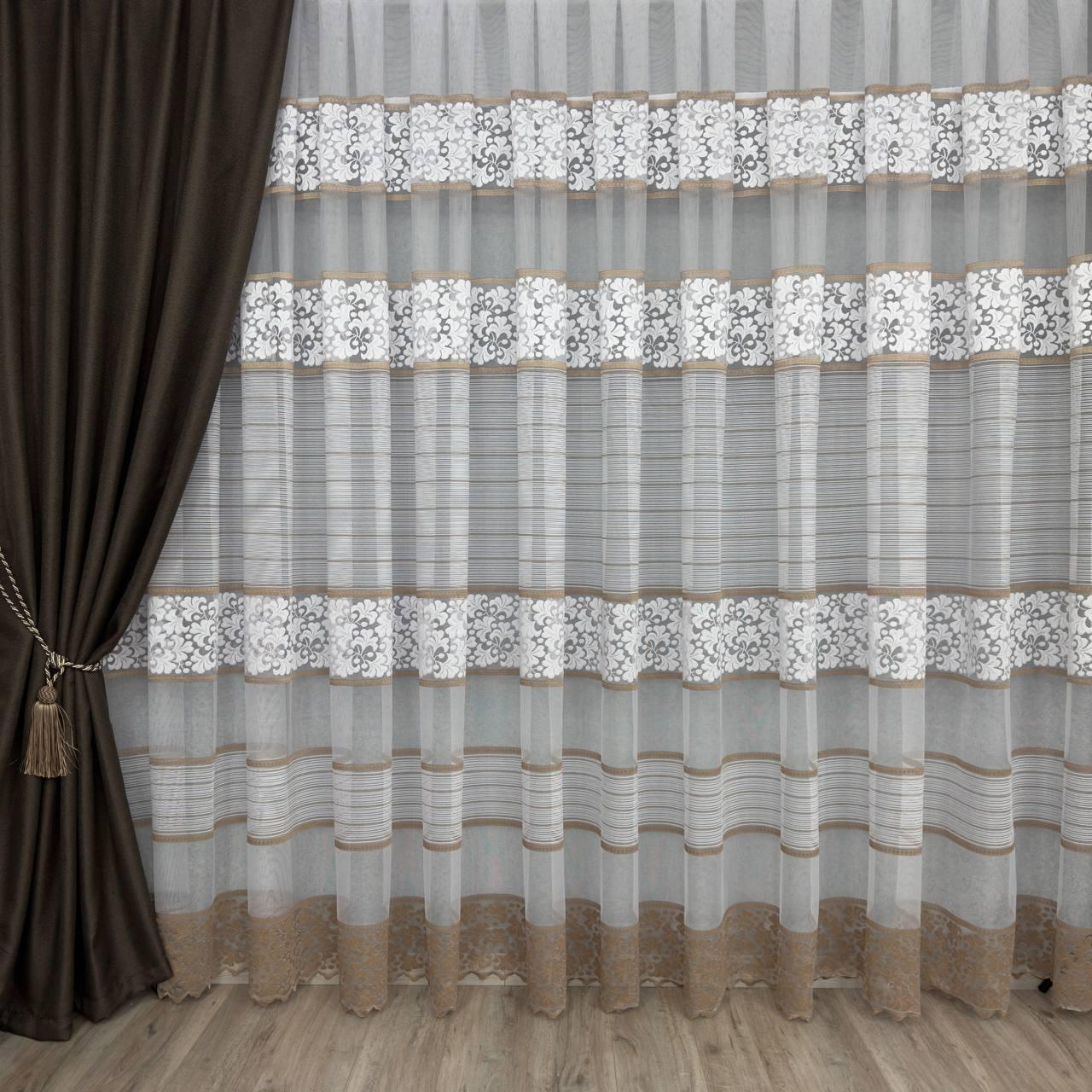 Гардина жаккард 17563 біло-коричневий оптом