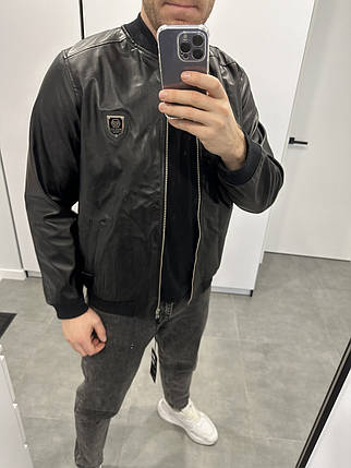 Чоловіча класична куртка бомбер Philipp Plein зі шкіри чорна, 48-50 розмір тільки!, фото 2