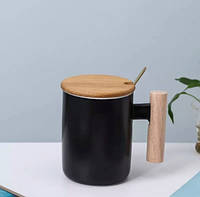 Кружка керамическая с деревянной ручкой, крышкой и ложкой 380 мл (черный) p