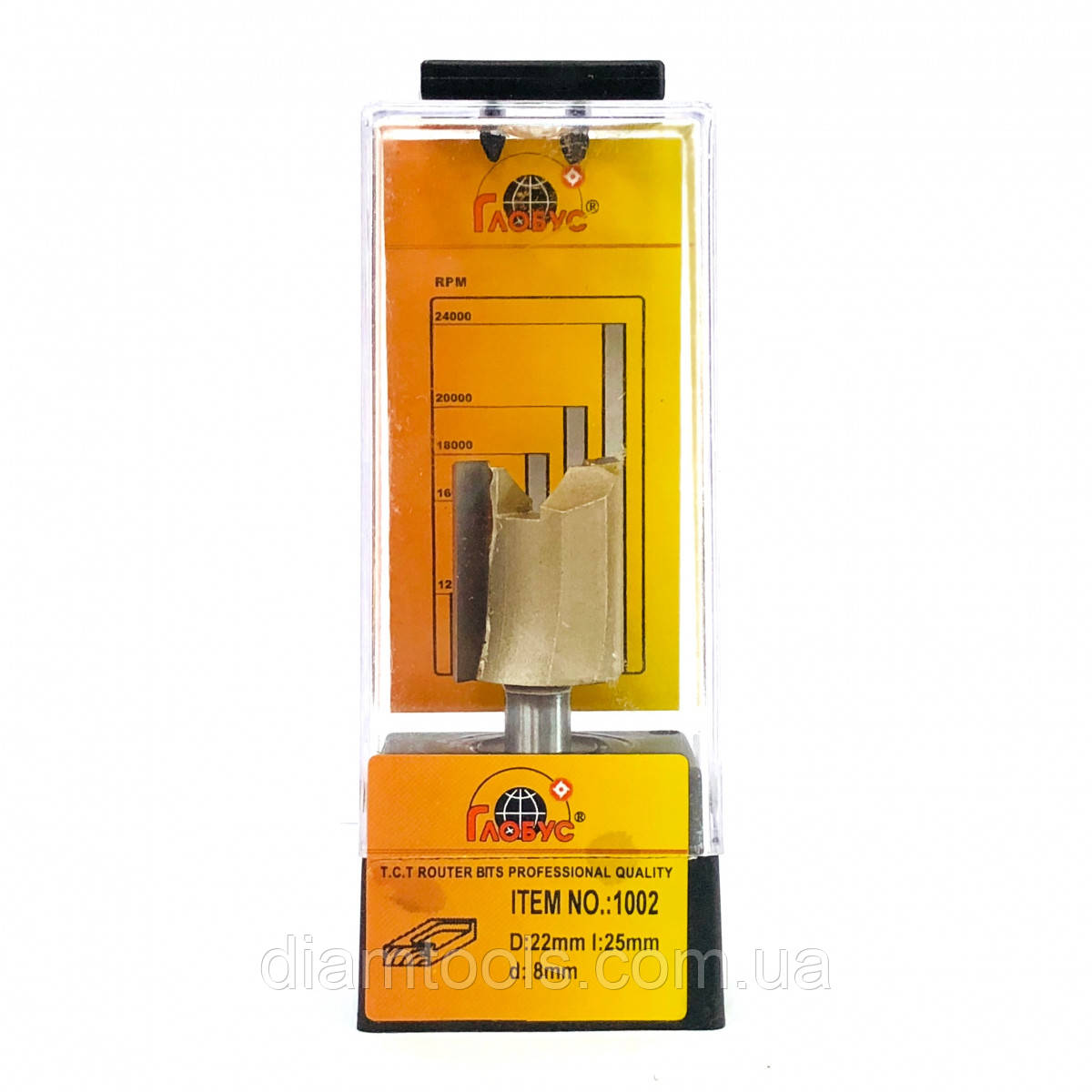 Фреза по дереву ГЛОБУС пазова пряма для вибірки під петлі 1002 D22 d8 L61.5 h22, фото 1