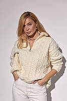 Женский свитер в косичку с молнией на горловине - кремовый цвет, S (есть размеры)