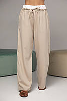 Женские брюки на завязках с белой резинкой на талии - бежевый цвет, M (есть размеры)