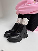 Женские кожаные черные ботинки на платформе танкетке Весенне осенние ботинки на байке Натуральная кожа