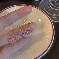 Набор серьги и цепочка с подвеской в виде розового сердца ( Цвет золотой )