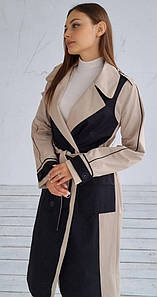 Плащ тренч весняний модний двоколірний довгий класичний фасон на поясі натуральний котон чорний з бежевим