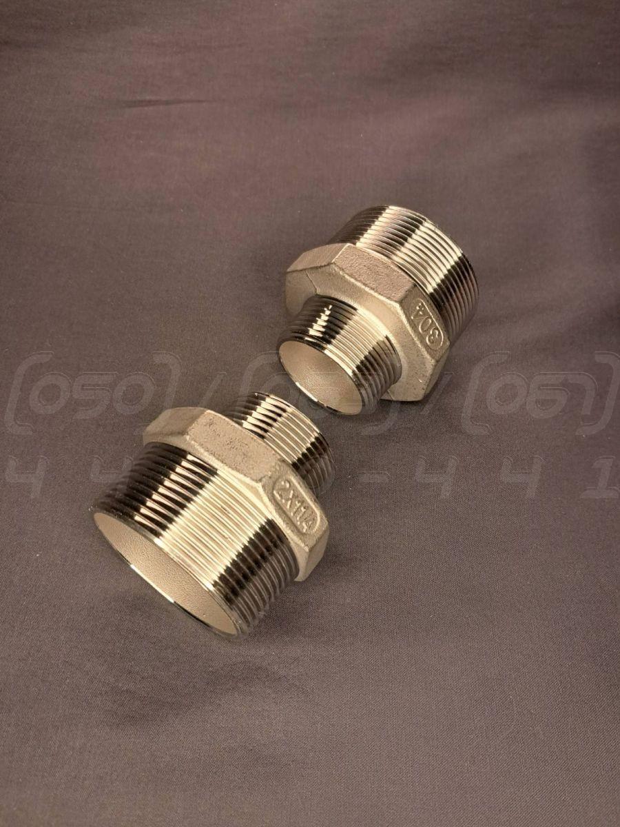 Ніпель перехідний різьбовий DN50x32 (2"x1"1/4) нержавіючий, н/ж сталь AISI304, з шестигранником, BSPP, фото 1