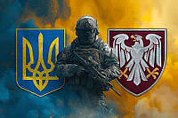 Флаг 82 ОДШБр ДШВ ВСУ Воин с гербом Украины и подразделения